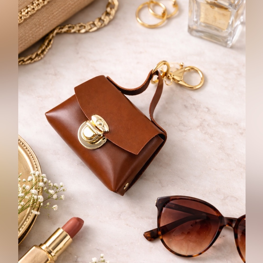 Brown Mini coin purse bag tote keychain